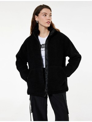 Uzun Kollu Cepli Fermuarlı Dik Yaka Oversize Peluş Mont