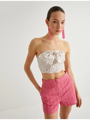 Koton Çiçekli Straplez Büstiyer Crop Fiyonk Detaylı Slim Fit