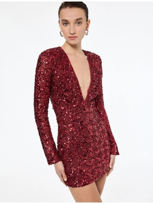 Koton Derin V Yaka Uzun Kollu Payetli Mini Abiye Elbise