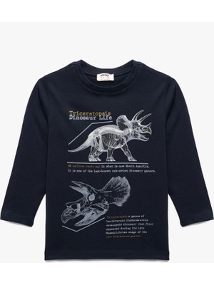 Pamuklu Uzun Kollu Bisiklet Yaka Dinozor Baskılı Tişört