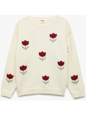 Koton Çiçek Desenli Uzun Kollu Bisiklet Yaka Triko Kazak