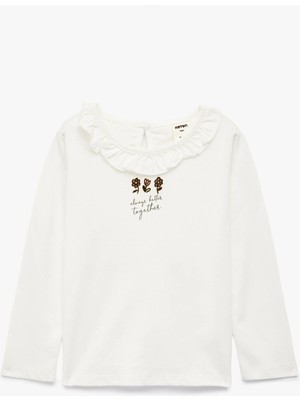 Koton Pamuklu Fırfır Detaylı Çiçek Baskılı Bisiklet Yaka Uzun Kollu Tişört