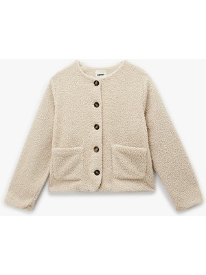 Koton Düğmeli Cep Detaylı Uzun Kollu Bisiklet Yaka Peluş Bomber Ceket