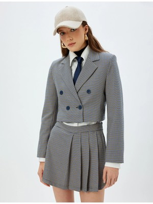 Kadın Giyim Koton x Sima Tarkan - Standart Bel Pileli Mini Şort Etek - Koton - 5WAK40138PW - Mavi Ekose - 42