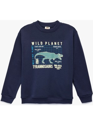 Koton Dinozor Baskılı Uzun Kollu Sweatshirt Lacivert Erkek Çocuk İçin Şardonlu Konforlu Tasarım
