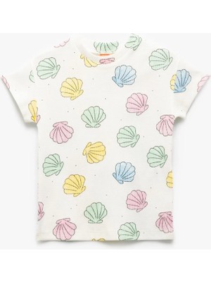 Pamuklu Deniz Kabuğu Desenli Bisiklet Yaka Kısa Kollu Tişört