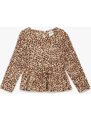 Koton Leopar Desenli Uzun Kollu Tişört Kız Çocuk Günlük Stil Polyester Karışımlı