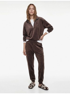 Koton Yarım Fermuarlı Uzun Kollu Rahat Kalıp Dik Yaka Kadife Pijama Üstü