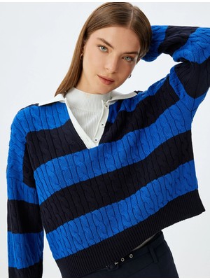 Koton Polo Yaka Triko Kazak Saç Örgü Dokulu Düğmeli Renk Kontrastlı