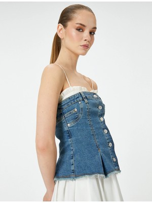 Koton Kadın Straplez Denim Üst Kolsuz Düğmeli Lacivert Polyester Karışımlı Yazlık Rahat