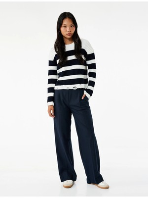 Renk Bloklu Uzun Kollu Bisiklet Yaka Yırtık Detaylı Triko Kazak