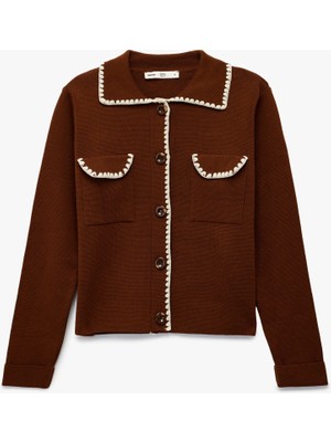 Koton x Melis Ağazat - Cepli Dikiş Detaylı Uzun Kollu Gömlek Yaka Triko Hırka