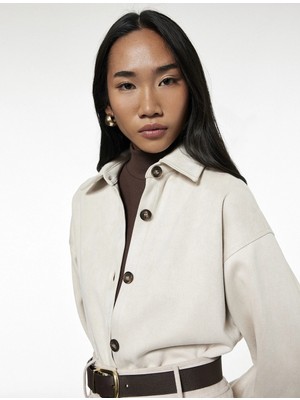 Kruvaze Yaka Uzun Kollu Düğmeli Suni Süet Gömlek Ceket