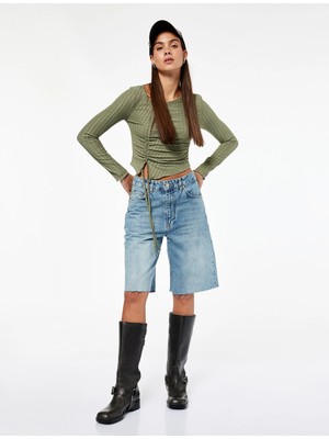 Koton Asimetrik Yaka Slim Fit Büzgülü Uzun Kollu Tişört