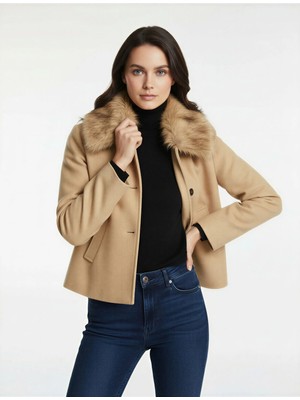 Koton Suni Kürk Yaka Kısa Kaban Cepli Uzun Kollu