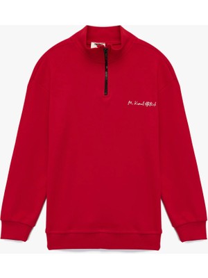 Dik Yaka Yarım Fermuarlı Uzun Kollu Atatürk Nakışlı Pamuklu Sweatshirt