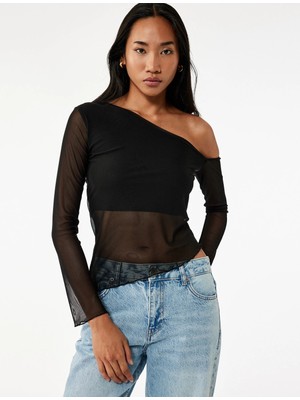 Asimetrik Kesim Astarlı Uzun Kollu Tül Tişört