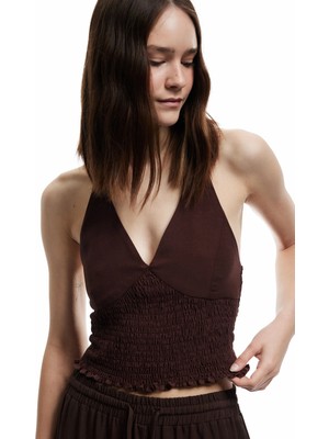 Koton Viskon Halter Yaka Boyundan Bağlamalı Kolsuz Gipeli Crop Bluz