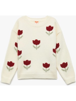 Koton Uzun Kollu Bisiklet Yaka Çiçek Desenli Triko Kazak