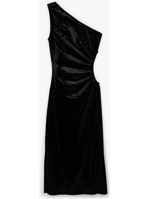 Koton Kolsuz Kayık Yaka Slim Fit Metal Aksesuarlı Payetli Midi Abiye Elbise