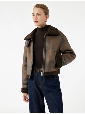 Koton Uzun Kollu Suni Kürk Yaka Fermuarlı Deri Görünümlü Biker Mont