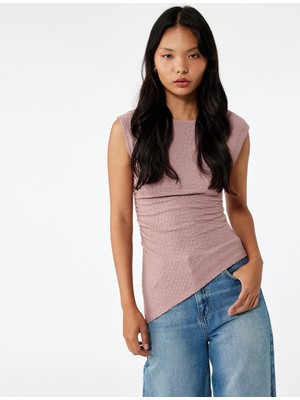 Slim Fit Asimetrik Bisiklet Yaka Bürümcük Kolsuz Tişört