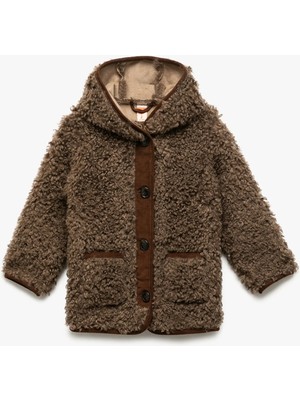 Uzun Kollu Cep Detaylı Kapşonlu Peluş Mont