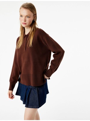 Koton Uzun Kollu Düğme Detaylı Basic Polo Yaka Triko Kazak