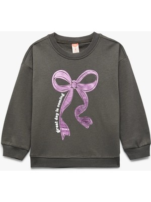 Koton Şardonlu Bisiklet Yaka Fiyonk Baskılı Antrasit Kız Bebek Sweatshirt 6WMG10102AK
