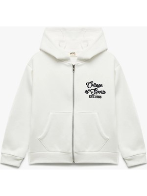 Koton Şardonlu Uzun Kollu Kapşonlu Fermuarlı Sweatshirt Kız Çocuk Ekru Renkli Oversize Tasarım