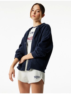 Fermuarlı Kapüşonlu Kanguru Cepli Uzun Kollu Şardonlu Oversize Spor Sweatshirt