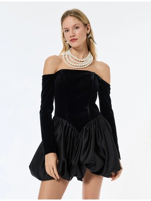 Koton Omzu Açık Uzun Kollu Kadife Mini Balon Elbise