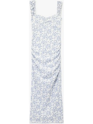 Kalp Yaka Kısa Kollu Sırt Detaylı Çiçekli Yırtmaçlı Slim Fit Maxi Elbise