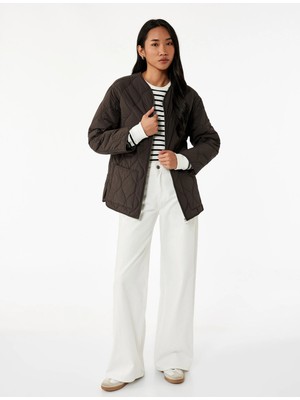 Uzun Kollu Cepli Bisiklet Yaka Fermuarlı Oversize Kapitone Ceket