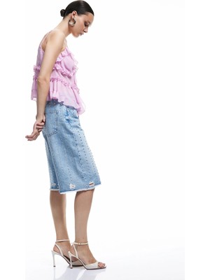 Koton Troklu Yıpratılmış Düğmeli Cepli Bermuda Denim Şort