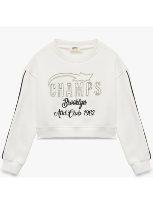 Uzun Kollu Bisiklet Yaka Aplike Detaylı Pamuklu Sweatshirt