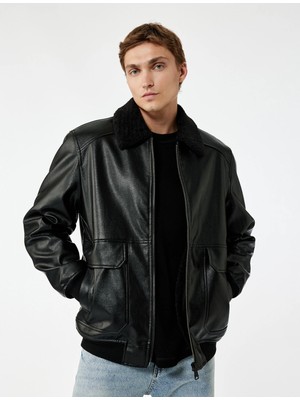 Koton Uzun Kollu Cep Detaylı Slim Fit Fermuarlı Peluş Yaka Kışlık Suni Deri Ceket