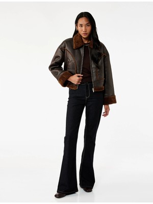 Koton Uzun Kollu Cepli Fermuarlı Peluş Yaka Suni Süet Crop Biker Ceket