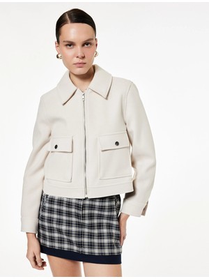 Koton Uzun Kollu Fermuar Detaylı Cepli Crop Kaşe Ceket