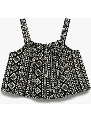 Pamuklu Kare Yaka Etnik Desenli Kolsuz Bluz