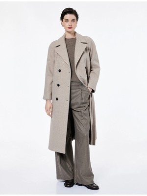 Koton Uzun Kollu Cepli Kemerli Kruvaze Uzun Kaşe Kaban