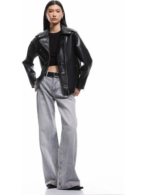 Fermuarlı Cepli Uzun Kollu Suni Deri Biker Ceket