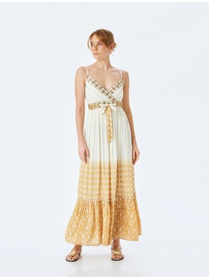 Koton Metalik Iplik Detaylı Astarlı Ince Askılı Çiçekli Uzun Elbise