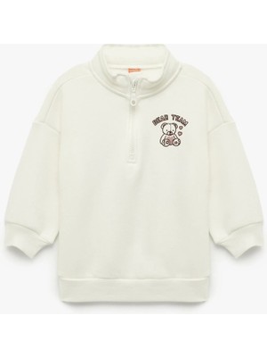 Uzun Kollu Şardonlu Yarım Fermuarlı Ayıcık Baskılı Sweatshirt