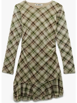 Koton Uzun Kollu Bisiklet Yaka Drape Detaylı Mini Ekoseli Elbise