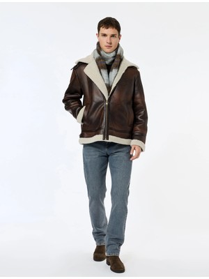 Koton Peluş Yaka Uzun Kollu Cep Detaylı Fermuarlı Kışlık Suni Deri Ceket