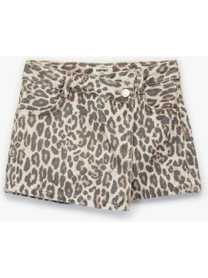 Leopar Desenli Pamuklu Kruvaze Denim Şort Etek