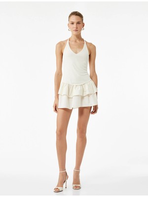 Koton Sırt Dekolteli V Halter Yaka Fırfırlı Mini Elbise