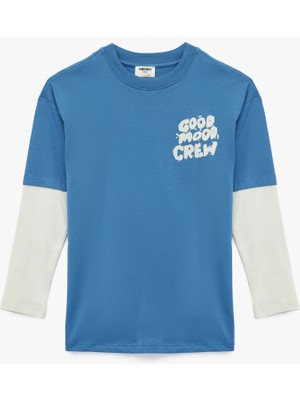 Baskılı Uzun Kollu Bisiklet Yaka Pamuklu Tişört