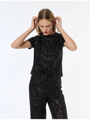 Kısa Kollu Bisiklet Yaka Pullu Payetli Abiye Bluz